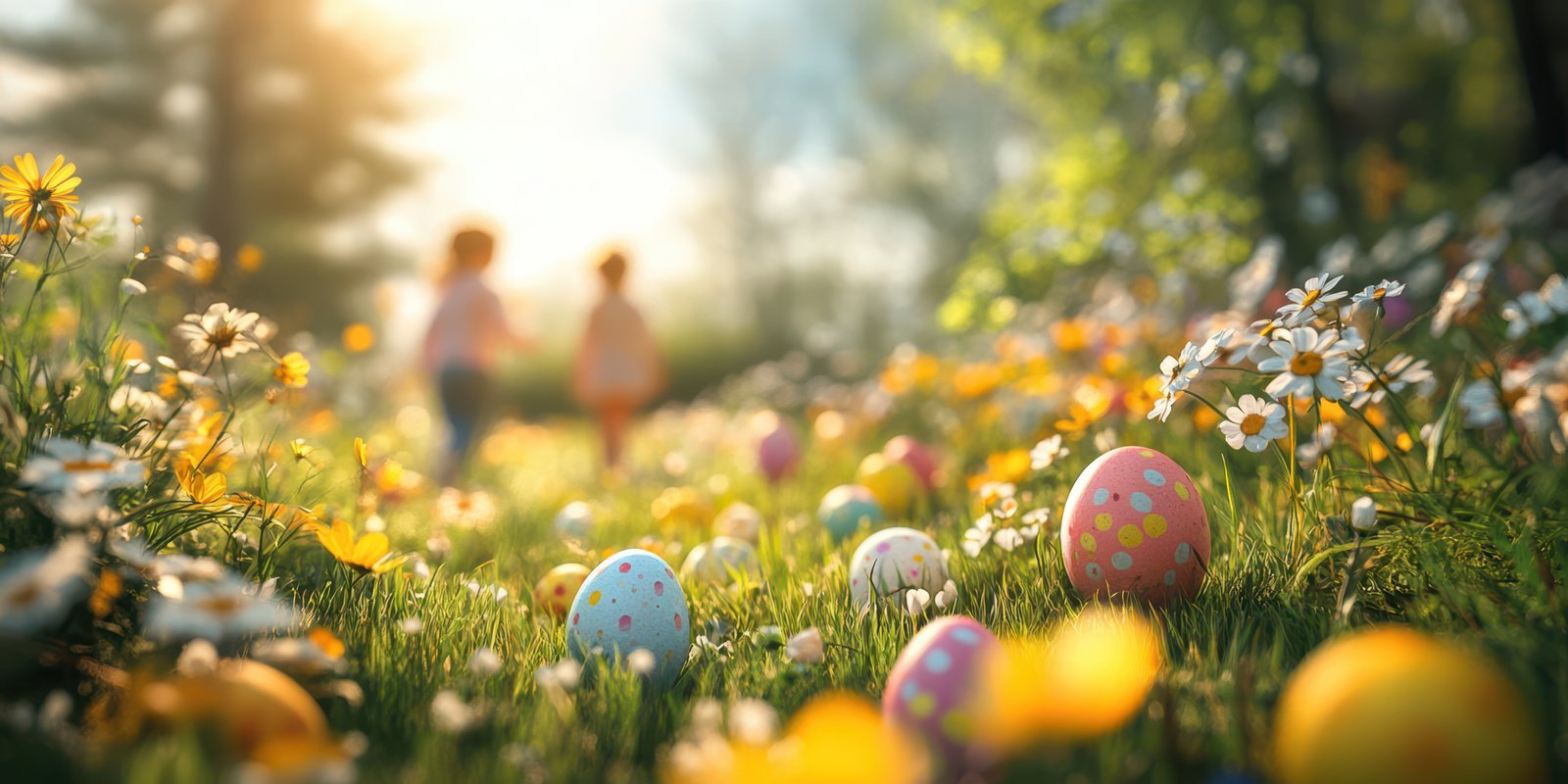 Children joyfully hunt colorful Easter eggs in a vibrant flower-filled meadow during a sunny spring afternoon